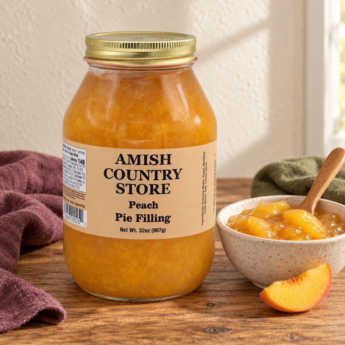 Peach Pie Filling, 32 oz (907g), beside a small serving and fruit