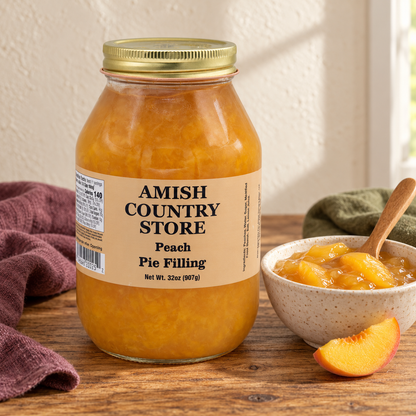 Peach Pie Filling, 32 oz (907g), beside a small serving and fruit