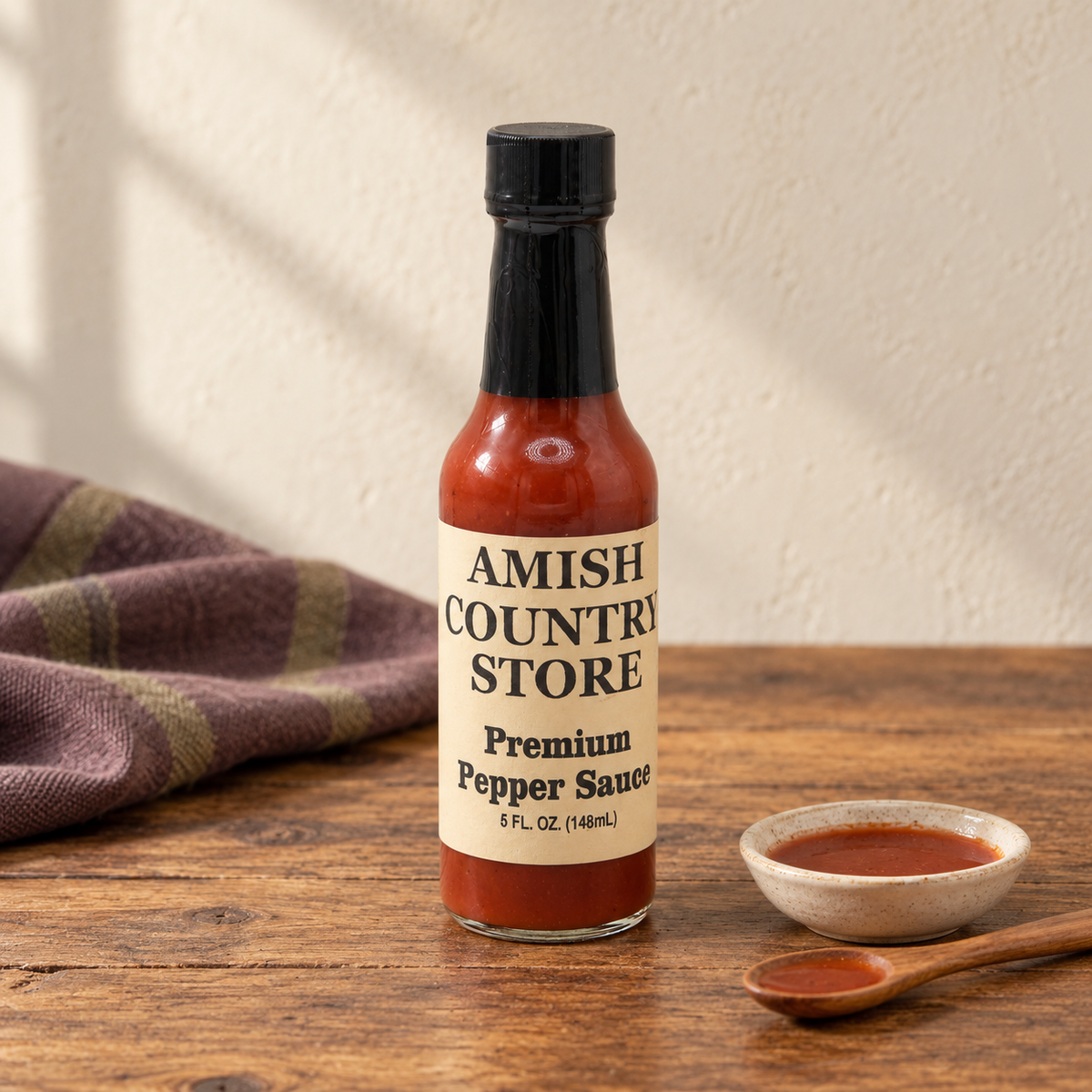 Amish Country Store Premium Pepper Sauce, 5 fl oz bottle beside a small serving