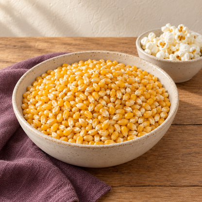 Ladyfinger popcorn kernels in a cream bowl with a smaller bowl of popped corn on a wooden table
