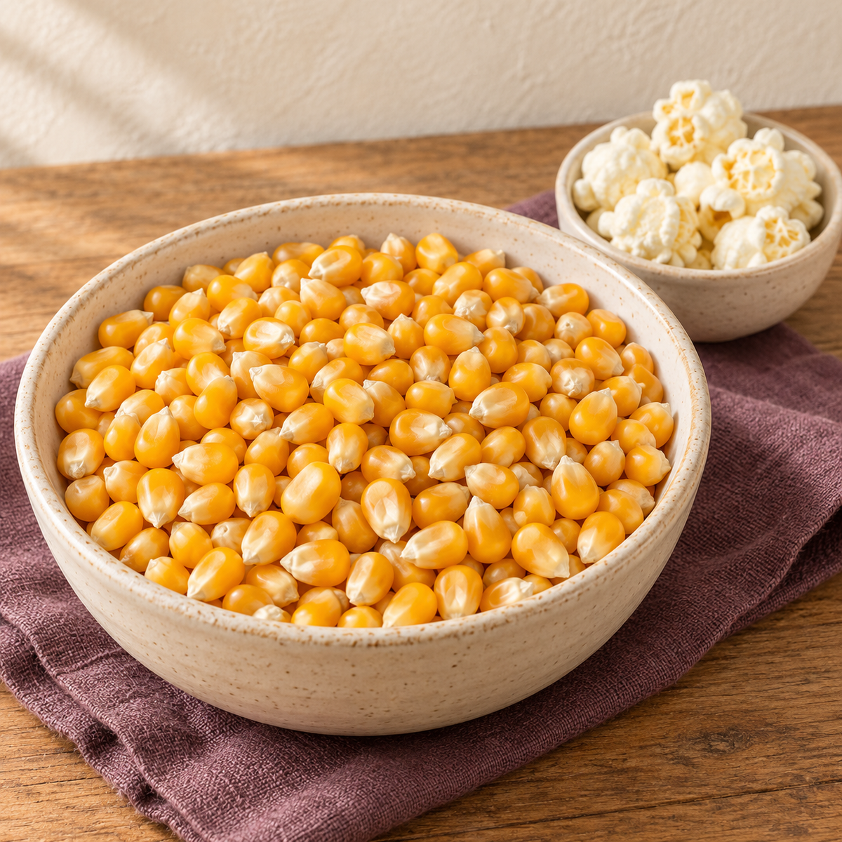 Mushroom popcorn kernels in a cream bowl with a smaller bowl of popped corn on a wooden table
