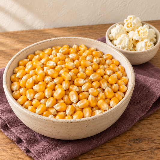 Mushroom popcorn kernels in a cream bowl with a smaller bowl of popped corn on a wooden table