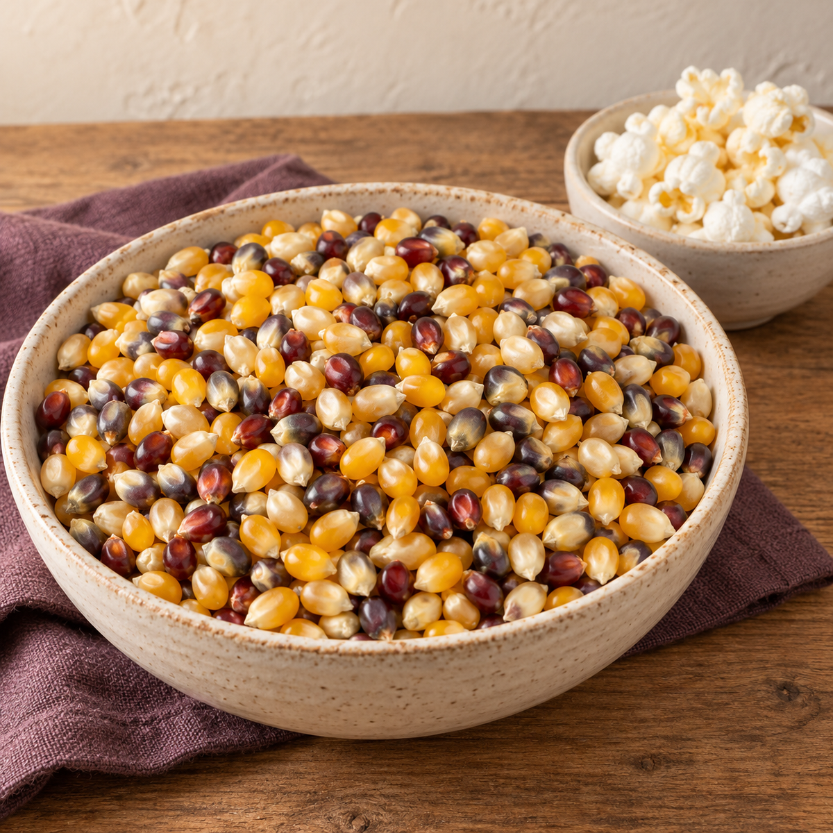 Rainbow popcorn kernels in a cream bowl with a smaller bowl of popped corn on a wooden table