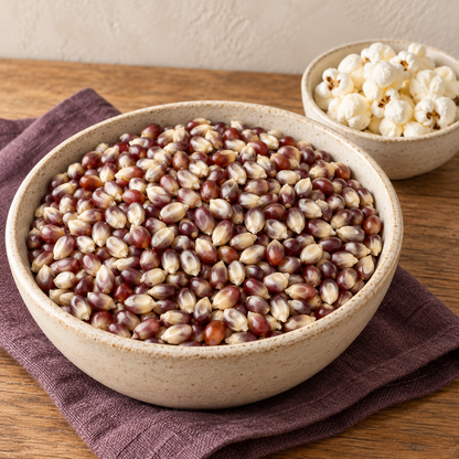 Purple popcorn kernels in a cream bowl with a smaller bowl of popped corn on a wooden table