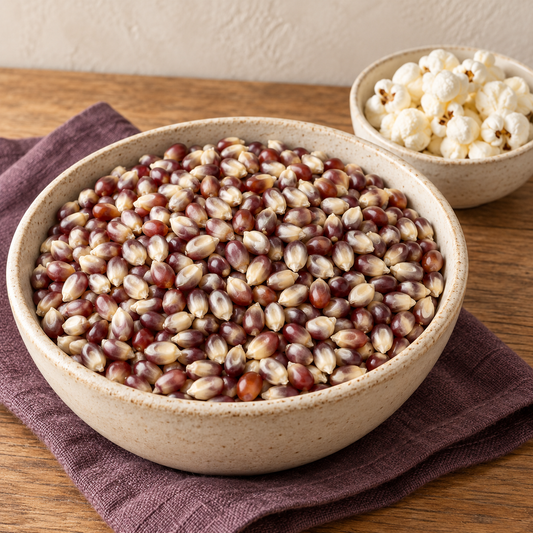 Purple popcorn kernels in a cream bowl with a smaller bowl of popped corn on a wooden table