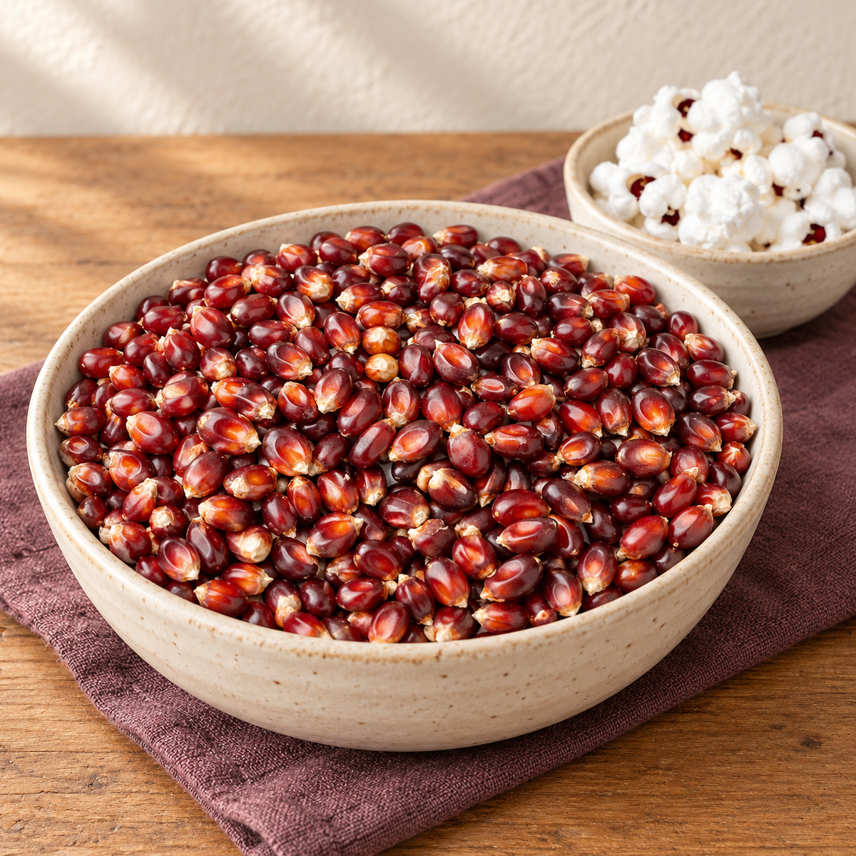 Red popcorn kernels in a cream bowl with a smaller bowl of popped corn on a wooden table