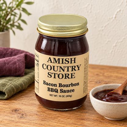 Amish Country Store Bacon Bourbon BBQ Sauce, 16 oz jar beside a serving of sauce