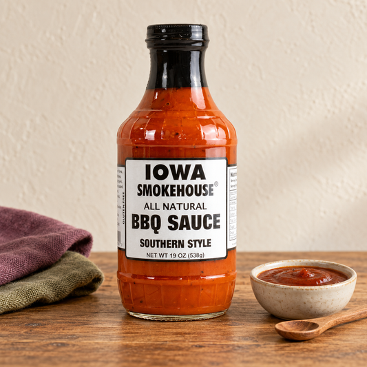 Iowa Smokehouse Southern Style BBQ Sauce, 19 oz (538g) beside a small serving