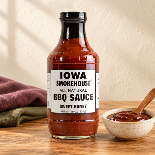 Iowa Smokehouse Sweet Honey BBQ Sauce, 19 oz (538g) beside a serving of sauce
