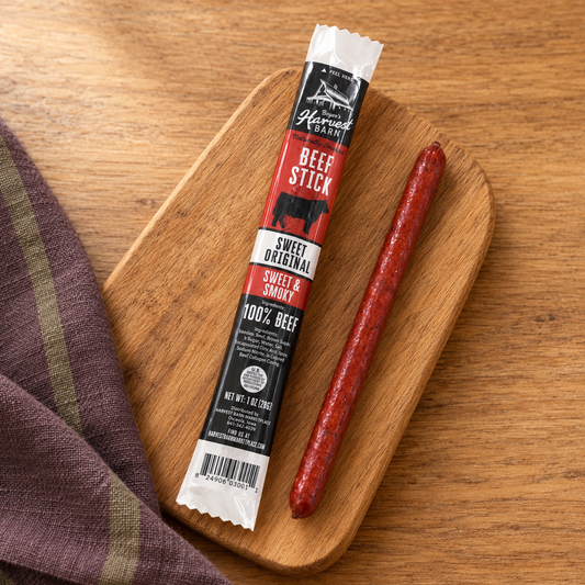 Harvest Barn Sweet Original Sweet & Smoky beef stick, 1 oz, with an unwrapped serving