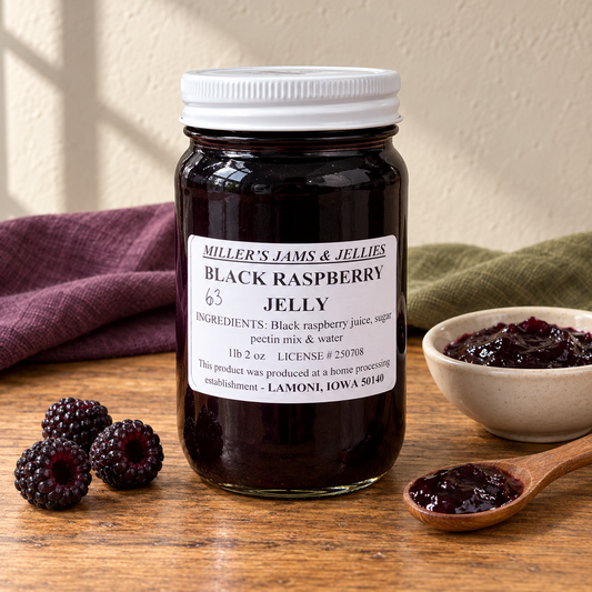 Miller’s Black Raspberry Jelly, 18 oz (1 lb 2 oz), beside a small serving and fruit