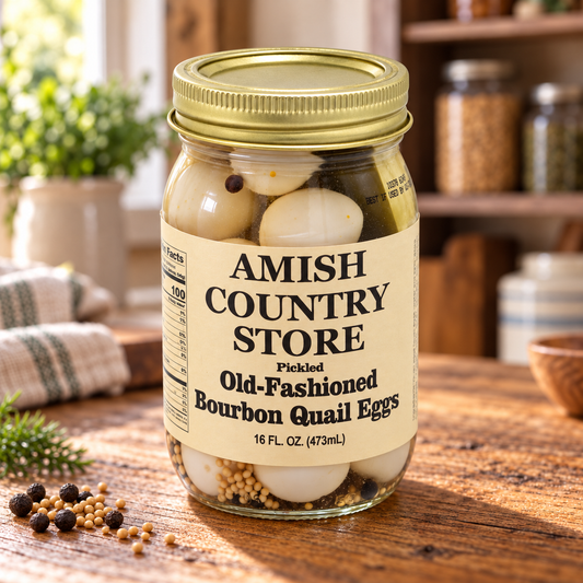 Amish Country Store Old-Fashioned Bourbon Quail Eggs, 16 fl oz jar on a sunlit wooden pantry counter.