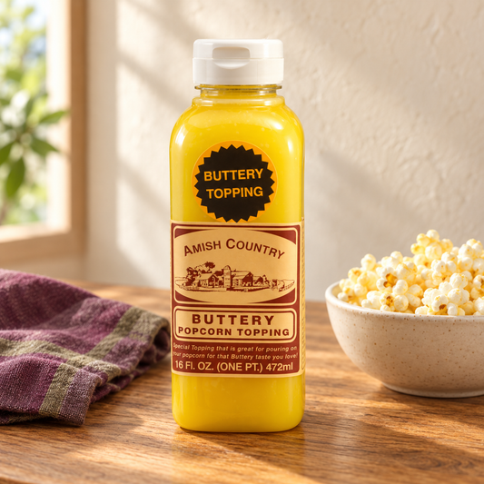 Buttery Popcorn Topping 16 fl oz beside popcorn on a wooden table