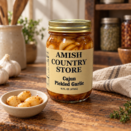 Amish Country Store Cajun Pickled Garlic, 16 fl oz jar, on a wooden pantry counter with a small dish of garlic; styled serving suggestion.