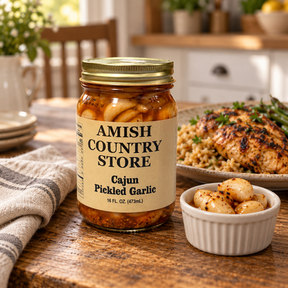 Cajun Pickled Garlic, 16 fl oz jar, beside grilled chicken, rice and a dish of garlic on a country table; serving suggestion.