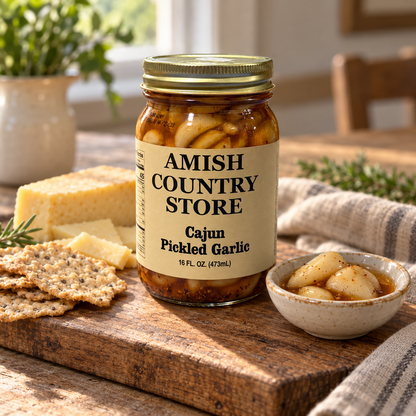 Cajun Pickled Garlic, 16 fl oz jar, beside cheese, crackers and a dish of pickled garlic on a rustic snack board; serving suggestion.