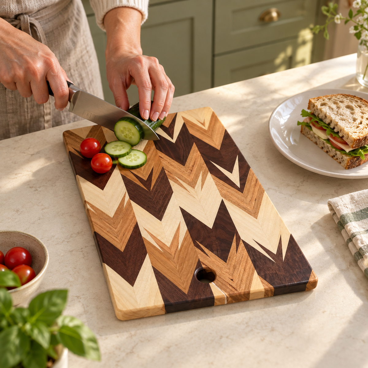 Chevron wood cutting board styled for lunch preparation with hands slicing cucumber and a sandwich plate beside it; food and props are not included.