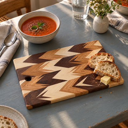 Chevron cutting and serving board styled with two bread slices beside a bowl of tomato soup on a blue-grey dining table; food and props are not included.