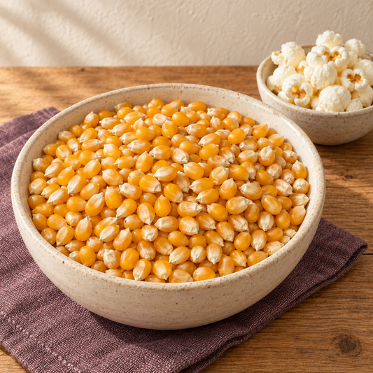 Medium Yellow popcorn kernels in a cream bowl with a smaller bowl of popped corn on a wooden table