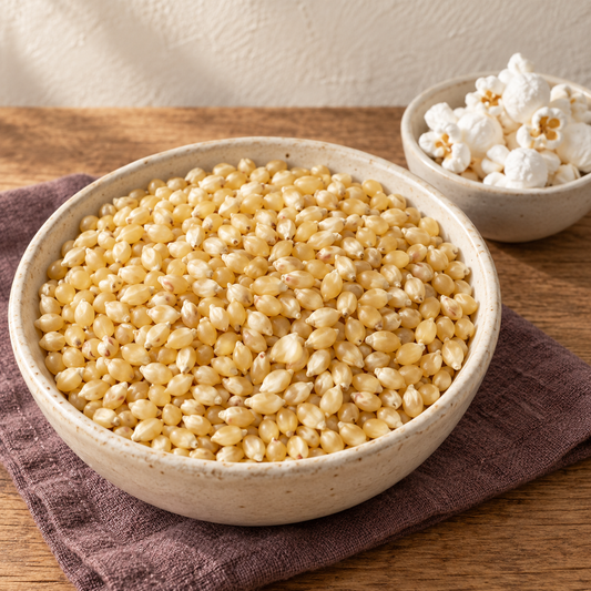 Baby White Hulless popcorn 2 lb catalog bag, packaging not shown beside popcorn on a wooden table