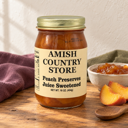 Juice-Sweetened Peach Preserves, 16 oz (454g), beside a small serving and fruit