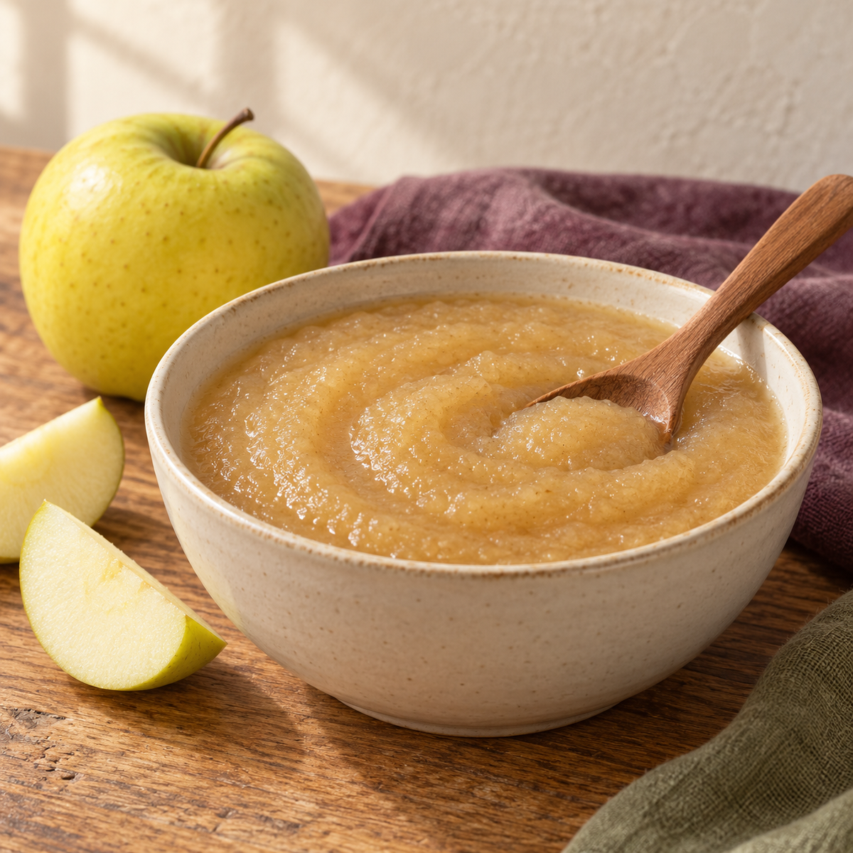 Golden Delicious applesauce in a cream bowl beside apple wedges