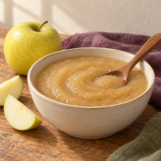 Golden Delicious applesauce in a cream bowl beside apple wedges