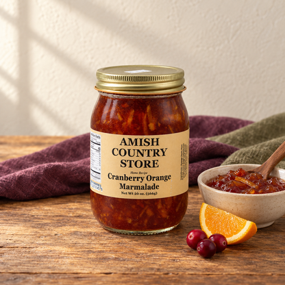 Cranberry Orange Marmalade, 20 oz (566g), beside a small serving and fruit