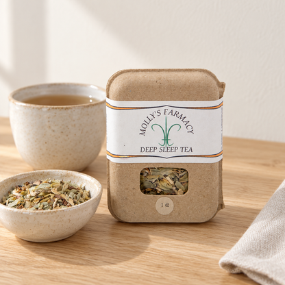 Molly's Farmacy Deep Sleep Tea, 1 oz, beside loose tea and a cup. Styled scene based on the genuine product photo.