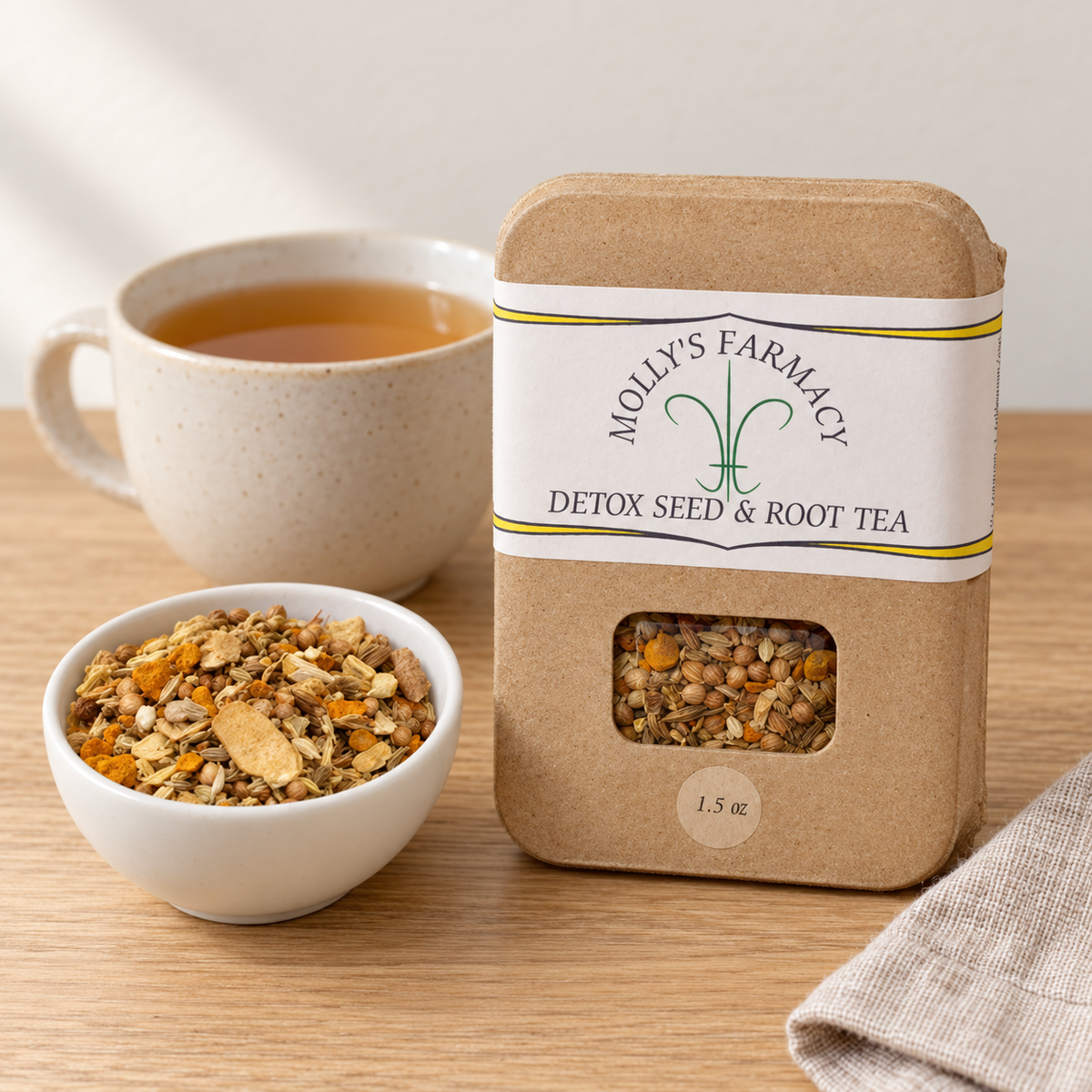 Molly's Farmacy Detox Seed & Root Tea, 1.5 oz, beside loose tea and a cup. Styled scene based on the genuine product photo.