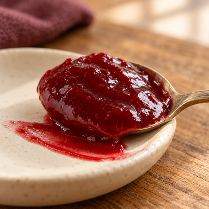 AI-generated serving suggestion: smooth seedless raspberry jam on a spoon.