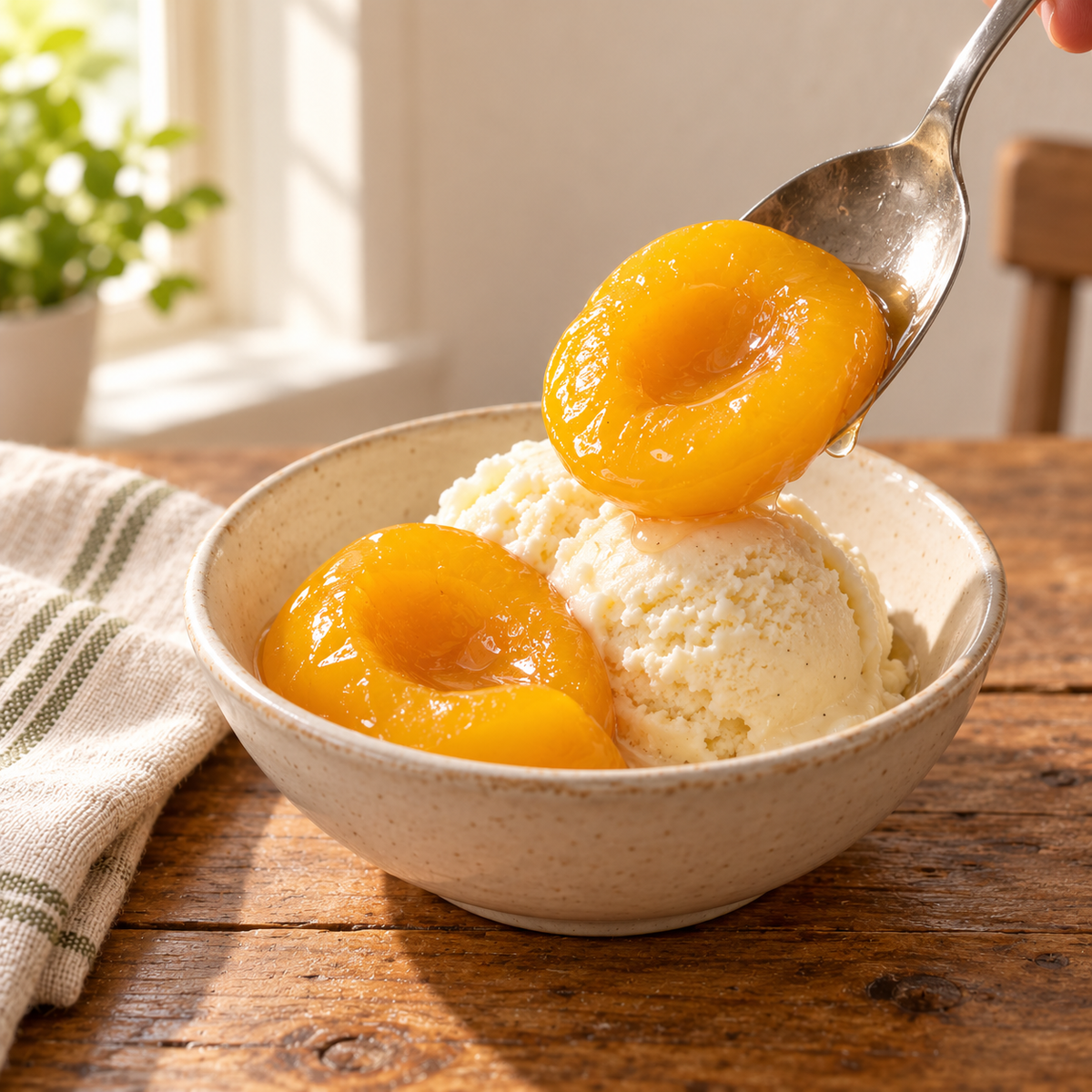 AI-generated serving suggestion: vanilla peaches serving.