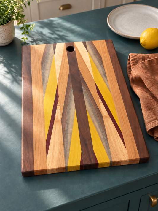 Amish-made patterned wood cutting and serving board with flowing cream, honey, brown and yellow natural wood strips, styled on a teal counter with its full surface visible.