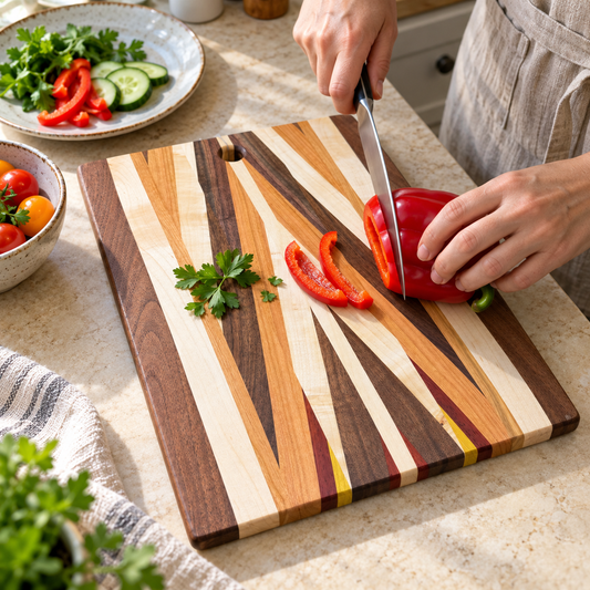Cream-and-brown example of the Amish-made patterned cutting board styled with hands preparing red pepper beside a plate of vegetables; food and props are not included.