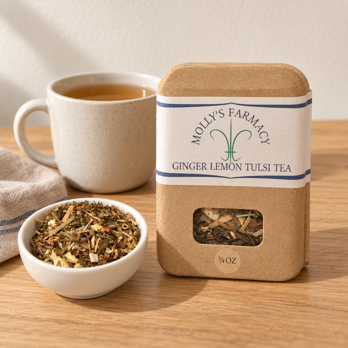 Ginger Lemon Tulsi Tea — product scene with a warm country pantry setting. Serving props are not included.