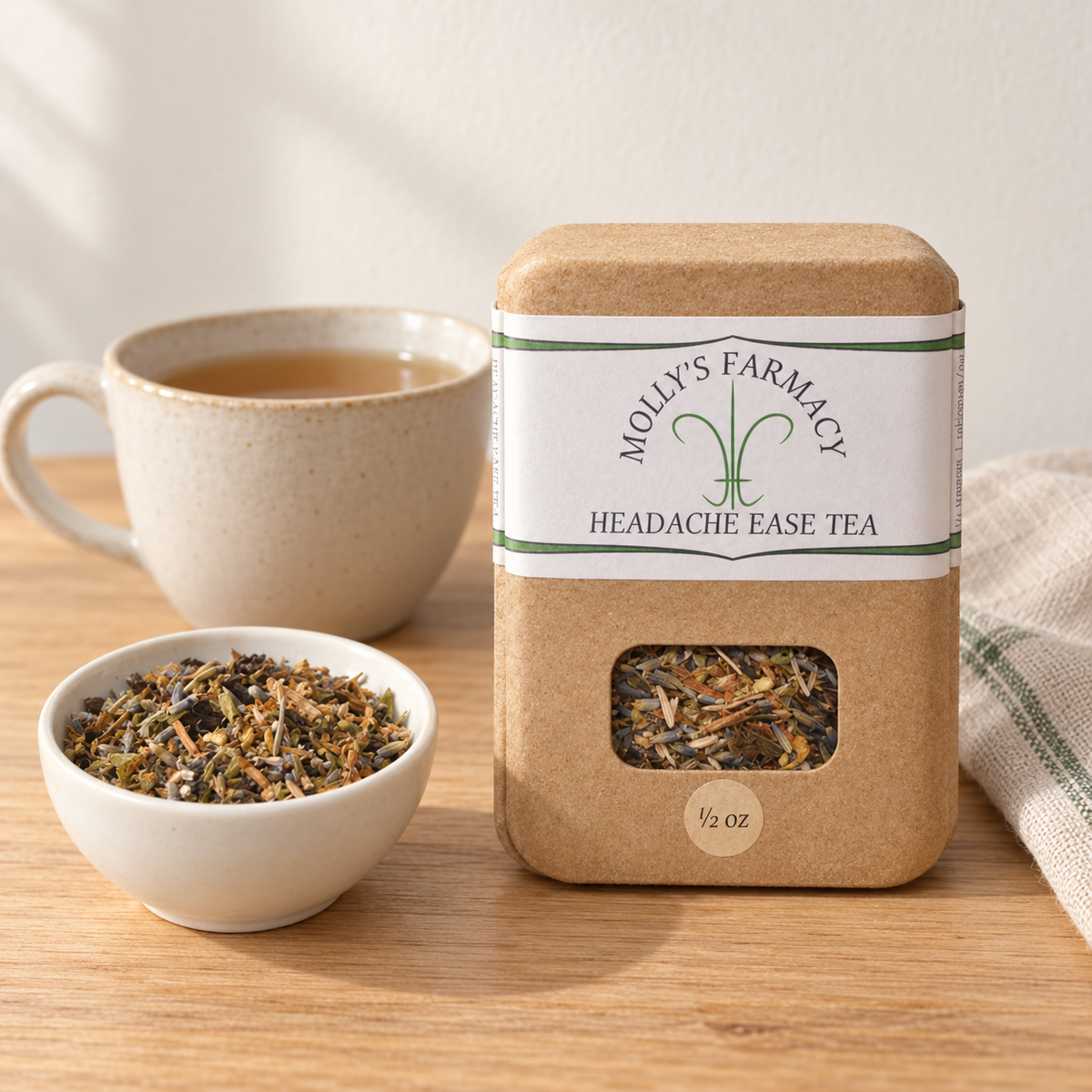 Molly's Farmacy Headache Ease Tea, 1/2 oz, beside loose tea and a cup. Styled scene based on the genuine product photo.