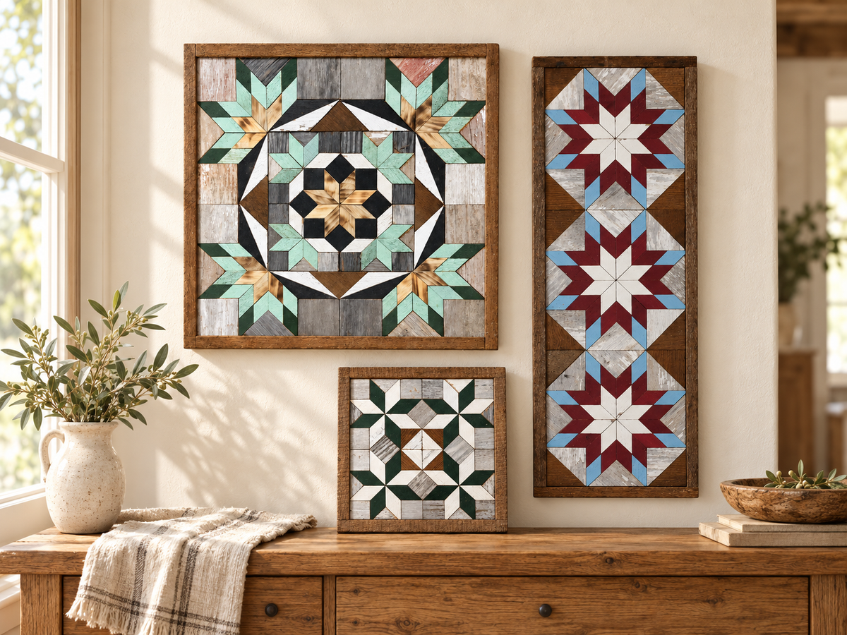 S1234 square barn quilt, a smaller Green and White quilt, and a blue-and-burgundy three-star banner displayed above an oak console.