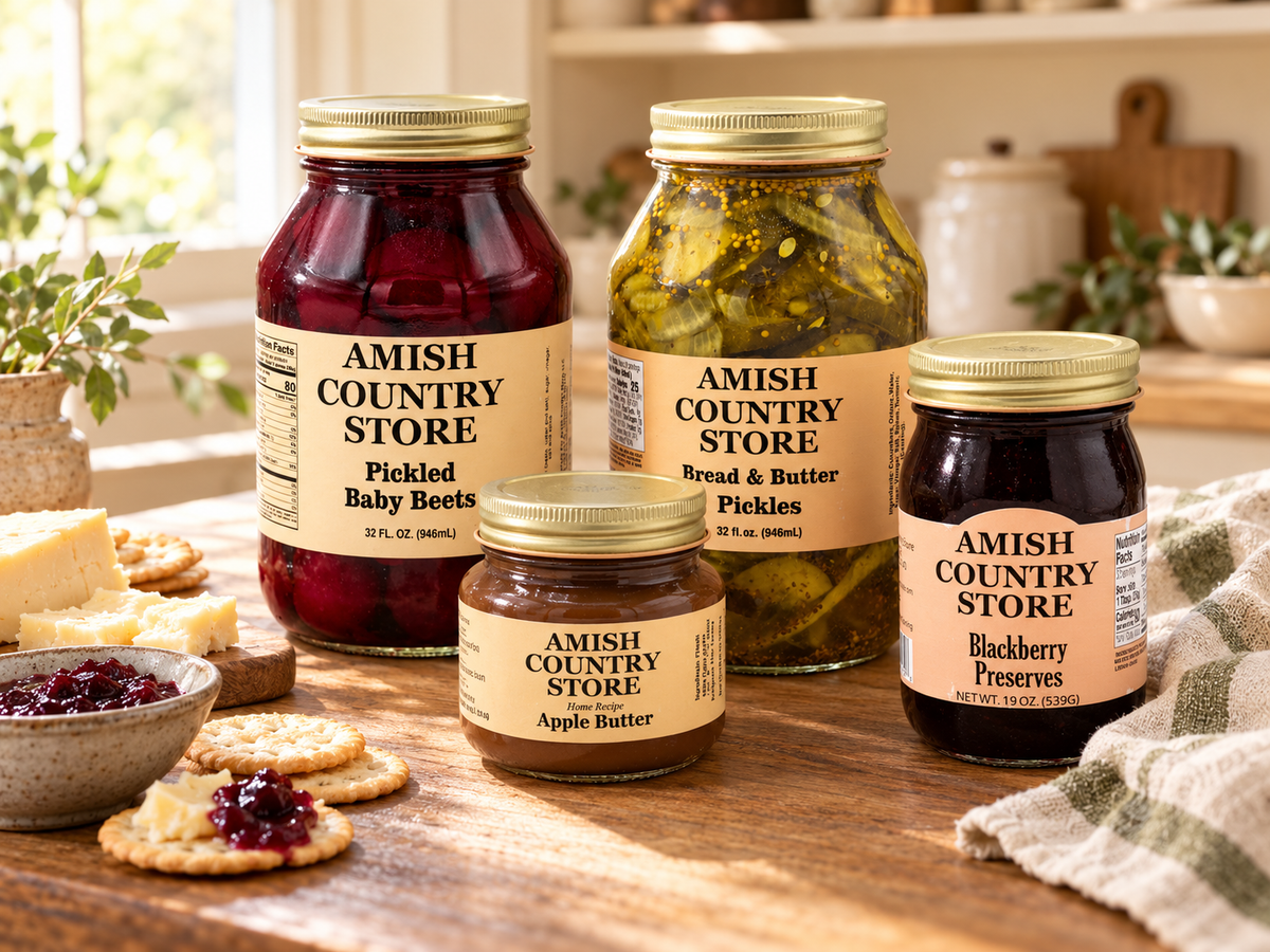Customer favorites: Pickled Baby Beets, Bread and Butter Pickles, Blackberry Preserves, and Home Recipe Apple Butter on a country table.