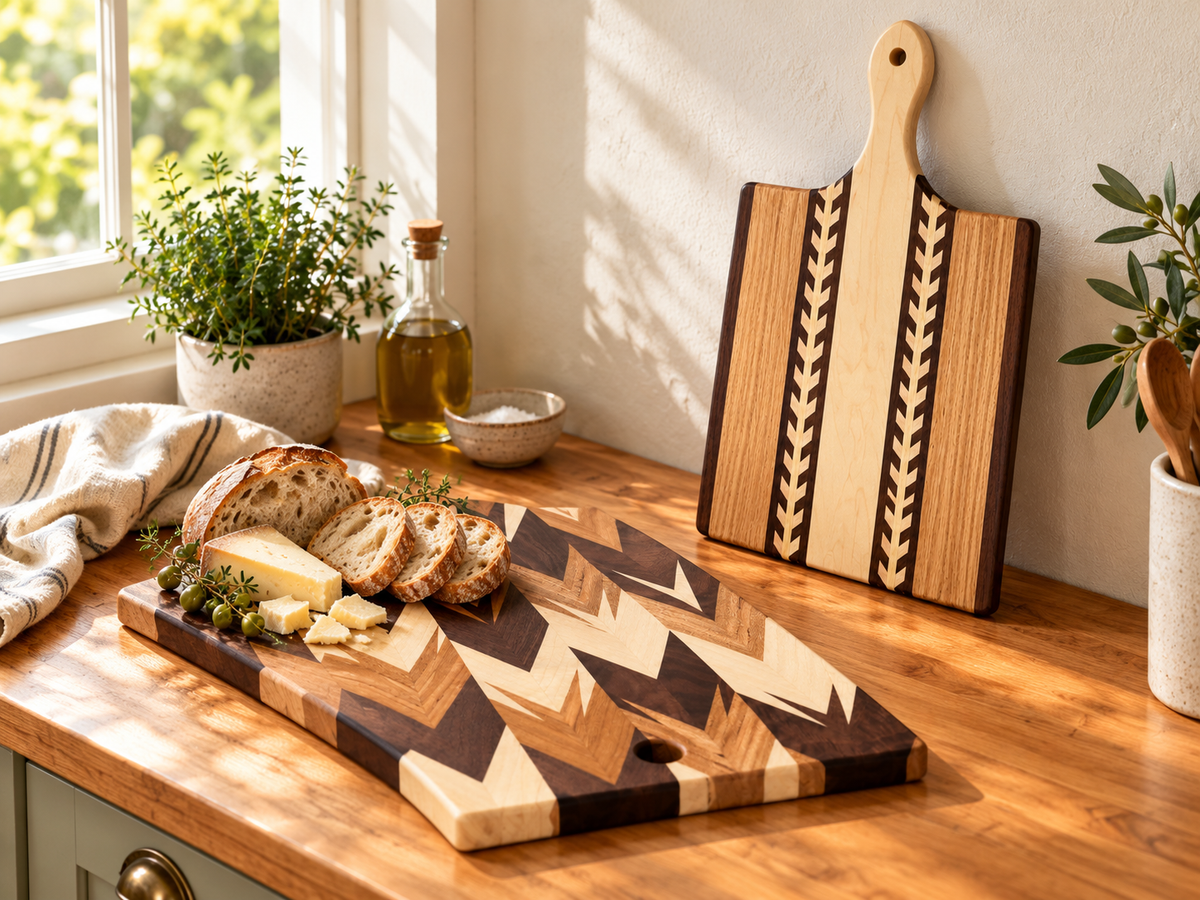 Amish-made wheat-pattern paddle and chevron cutting boards together on a kitchen counter with bread and cheese.