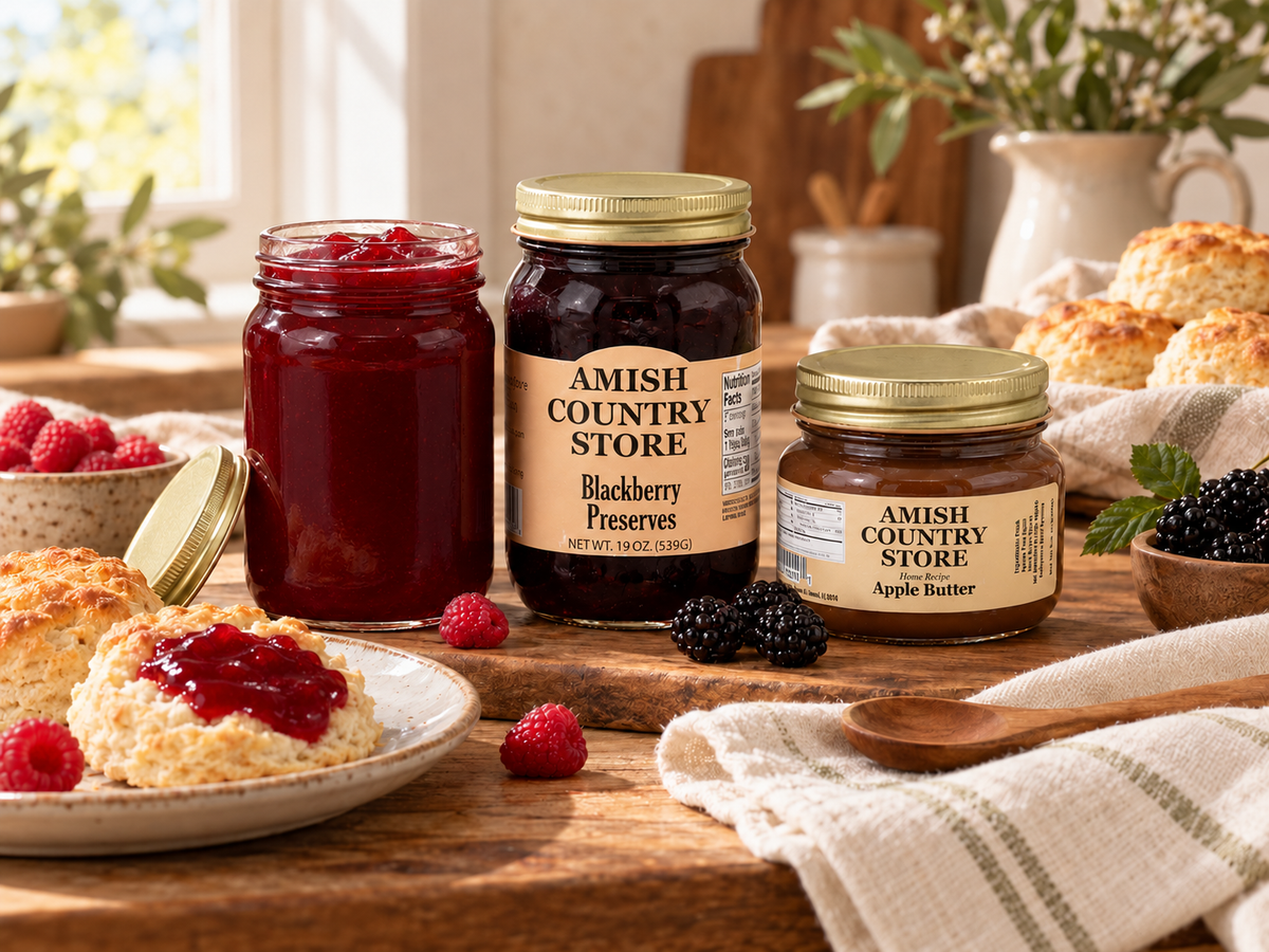 Seedless raspberry jam, Blackberry Preserves, and Home Recipe Apple Butter with warm biscuits on a country breakfast table.