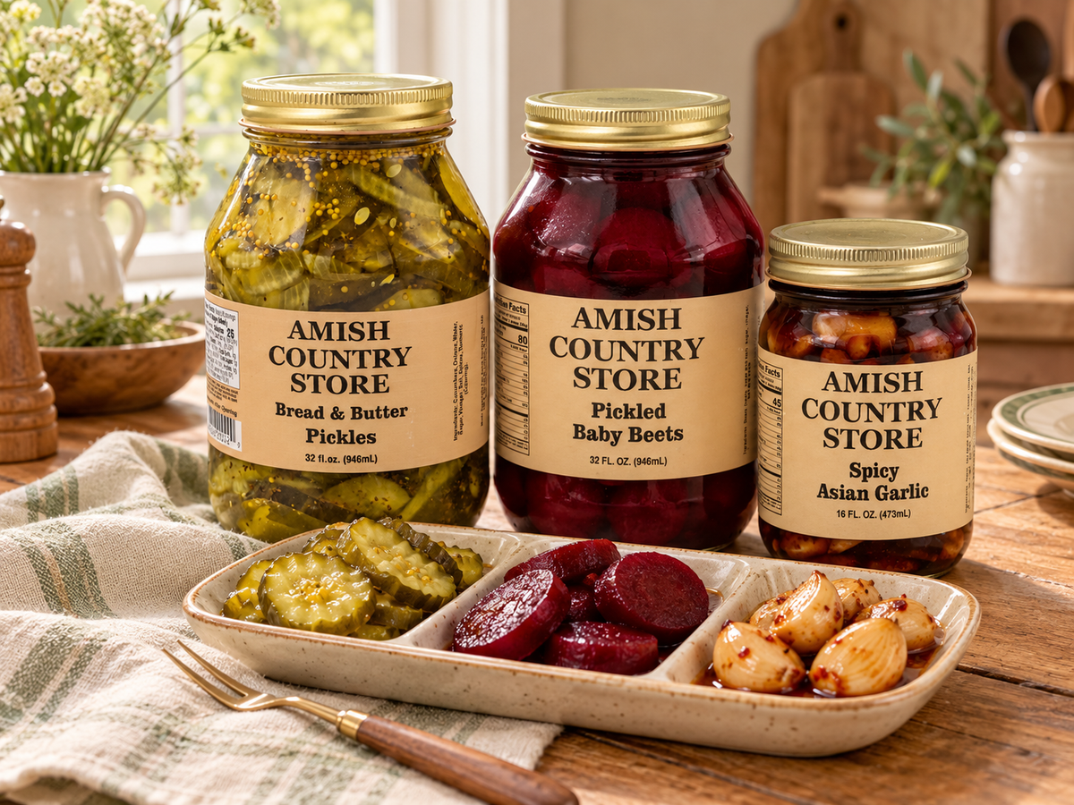 Bread and Butter Pickles, Pickled Baby Beets, and Spicy Asian Garlic grouped behind a relish tray in a warm kitchen.