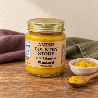 Hot Jalapeño Mustard, 9 oz (255g) beside a small serving on a wooden table