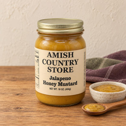 Jalapeño Honey Mustard, 16 oz (454g) beside a small serving on a wooden table