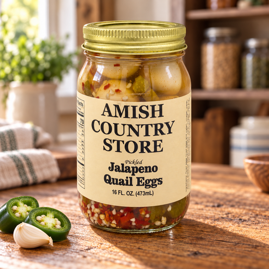 Amish Country Store Jalapeño Quail Eggs, 16 fl oz jar on a sunlit wooden pantry counter.