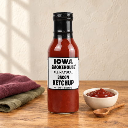Iowa Smokehouse Bacon Ketchup, 15 oz (424g) beside a small serving