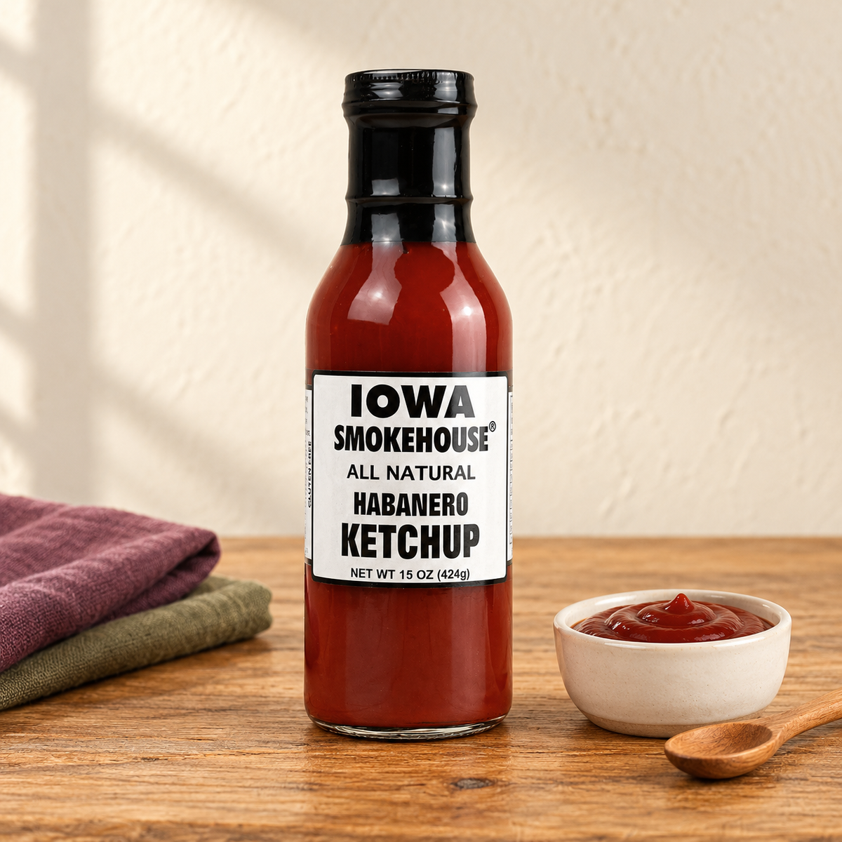 Iowa Smokehouse Habanero Ketchup, 15 oz (424g) beside a small serving