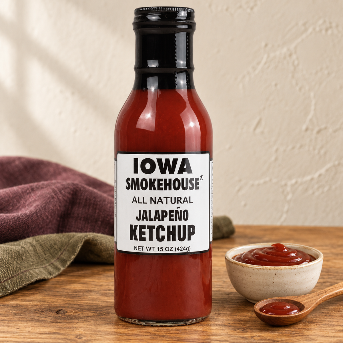 Iowa Smokehouse Jalapeño Ketchup, 15 oz (424g) beside a small serving on a wooden table