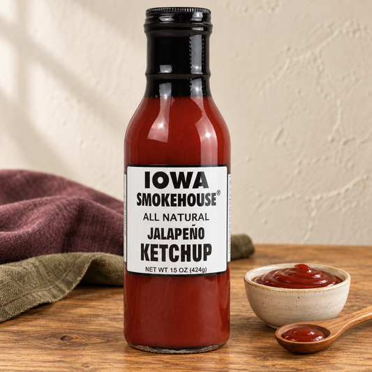 Iowa Smokehouse Jalapeño Ketchup, 15 oz (424g) beside a small serving on a wooden table