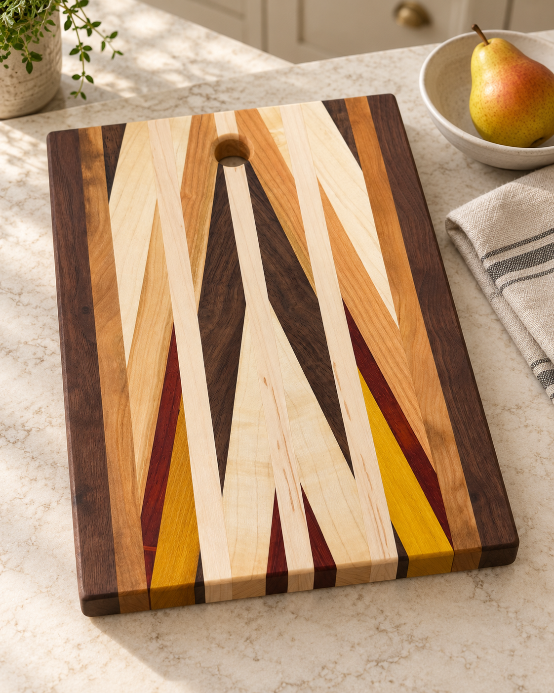 Amish-made chevron wood cutting board on a kitchen counter; representative board, natural colors, grain, and dimensions vary slightly.