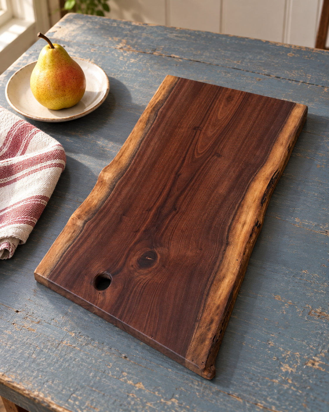 Amish-made live-edge wood cutting and serving board on a blue kitchen table beside a pear and side plate; natural shape and grain vary.